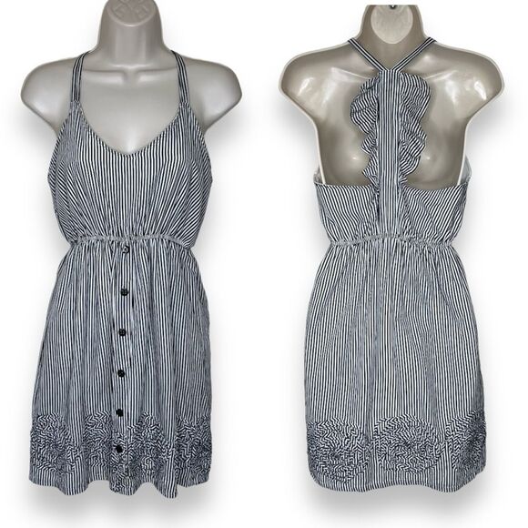 Judith March Stripe Ruffle Racerback Rosette Hem Black White Dress Women Large - Picture 1 of 15